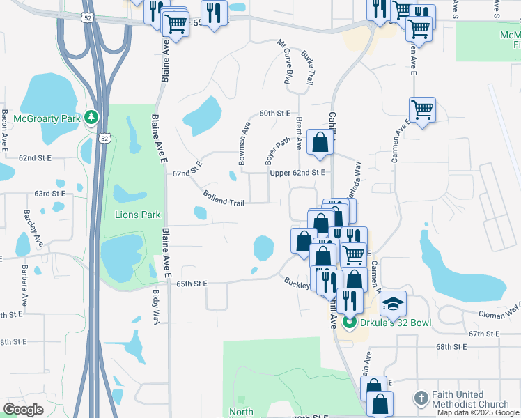 map of restaurants, bars, coffee shops, grocery stores, and more near 6261 Bolland Trail in Inver Grove Heights