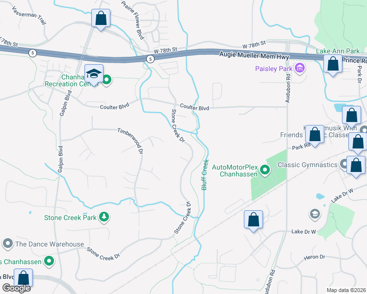 map of restaurants, bars, coffee shops, grocery stores, and more near 8080 Stone Creek Drive in Chanhassen