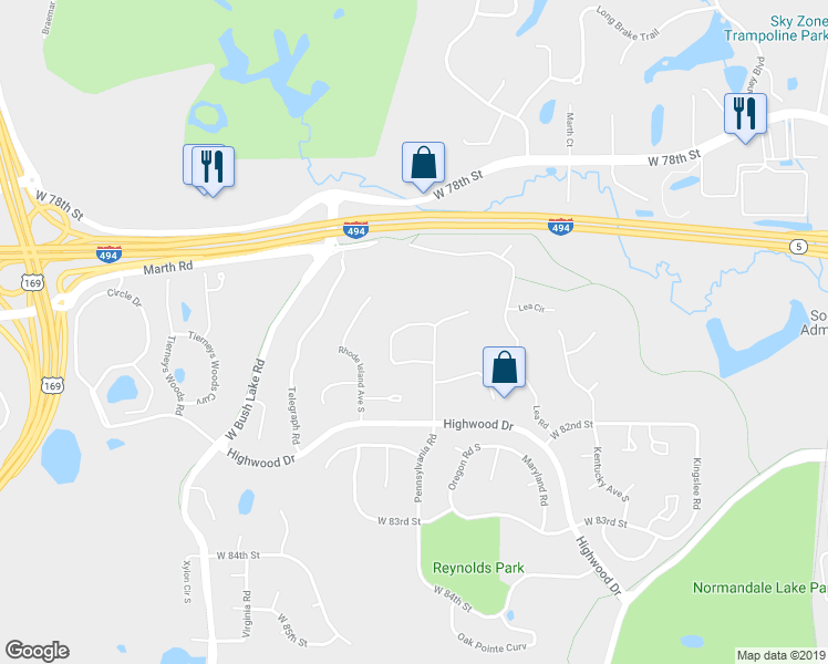 map of restaurants, bars, coffee shops, grocery stores, and more near 8042 Pennsylvania Road in Minneapolis