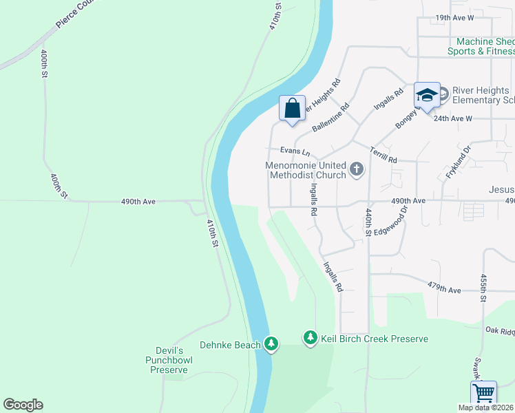map of restaurants, bars, coffee shops, grocery stores, and more near 1245 River Heights Road in Menomonie