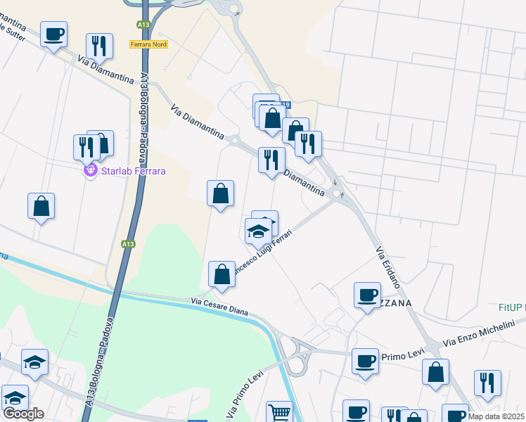 map of restaurants, bars, coffee shops, grocery stores, and more near 10 Via Maestri del Lavoro in Ferrara
