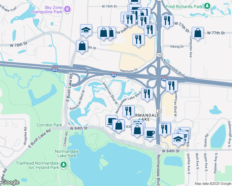 map of restaurants, bars, coffee shops, grocery stores, and more near 5800 American Boulevard West in Bloomington