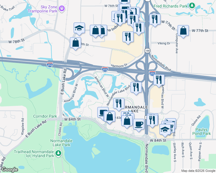 map of restaurants, bars, coffee shops, grocery stores, and more near 5800 American Boulevard West in Bloomington