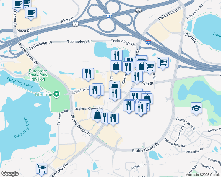 map of restaurants, bars, coffee shops, grocery stores, and more near 8098 Glen Lane in Eden Prairie