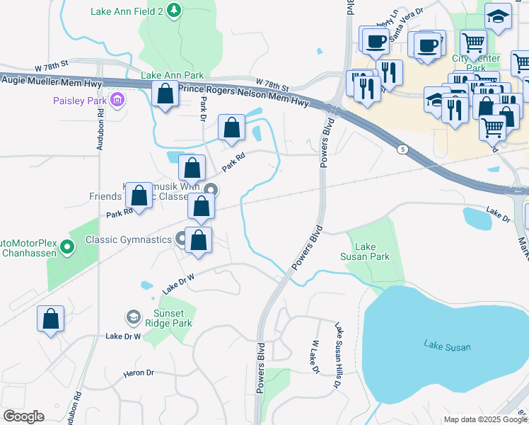 map of restaurants, bars, coffee shops, grocery stores, and more near 8100 Powers Boulevard in Chanhassen