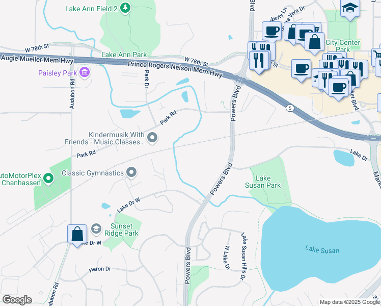 map of restaurants, bars, coffee shops, grocery stores, and more near 8100 Powers Boulevard in Chanhassen