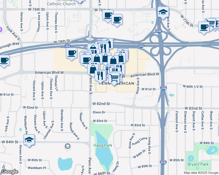 map of restaurants, bars, coffee shops, grocery stores, and more near 8094 Morgan Circle South in Minneapolis