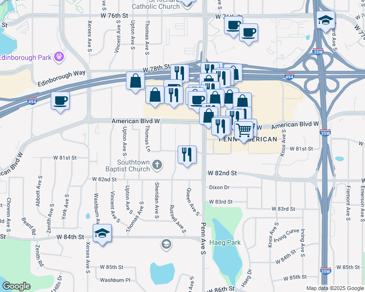 map of restaurants, bars, coffee shops, grocery stores, and more near 8050 Queen Avenue South in Minneapolis