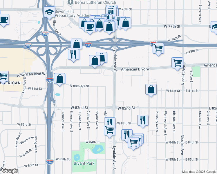 map of restaurants, bars, coffee shops, grocery stores, and more near 8029 Aldrich Avenue South in Minneapolis