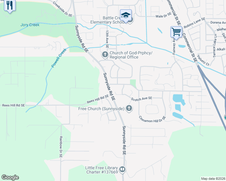 map of restaurants, bars, coffee shops, grocery stores, and more near 1414 Scotch Avenue Southeast in Salem
