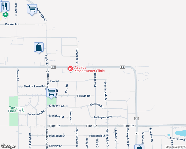 map of restaurants, bars, coffee shops, grocery stores, and more near 2483 Rainbow Drive in Mosinee