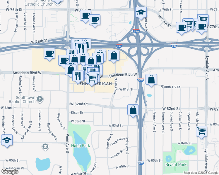 map of restaurants, bars, coffee shops, grocery stores, and more near 1801 West 80th 1/2 Street in Bloomington
