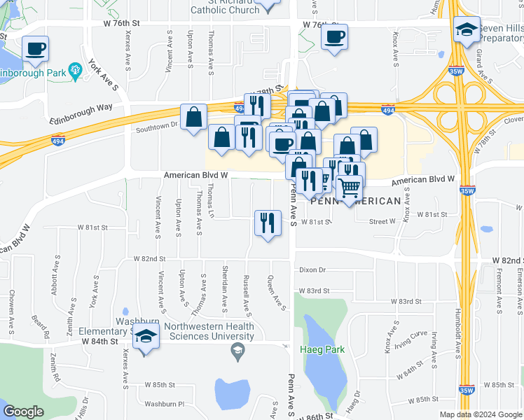 map of restaurants, bars, coffee shops, grocery stores, and more near 8050 Queen Avenue South in Minneapolis