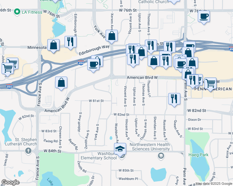 map of restaurants, bars, coffee shops, grocery stores, and more near 8045 Xerxes Avenue South in Minneapolis