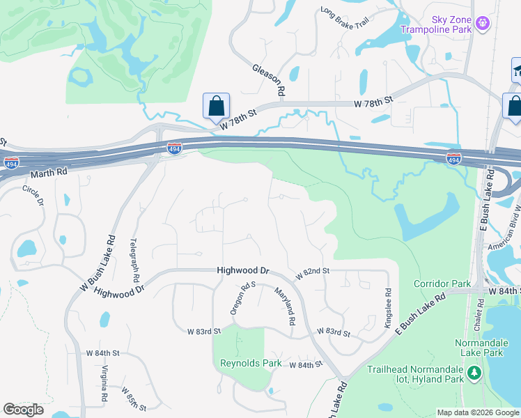 map of restaurants, bars, coffee shops, grocery stores, and more near 8032 Lea Road in Minneapolis