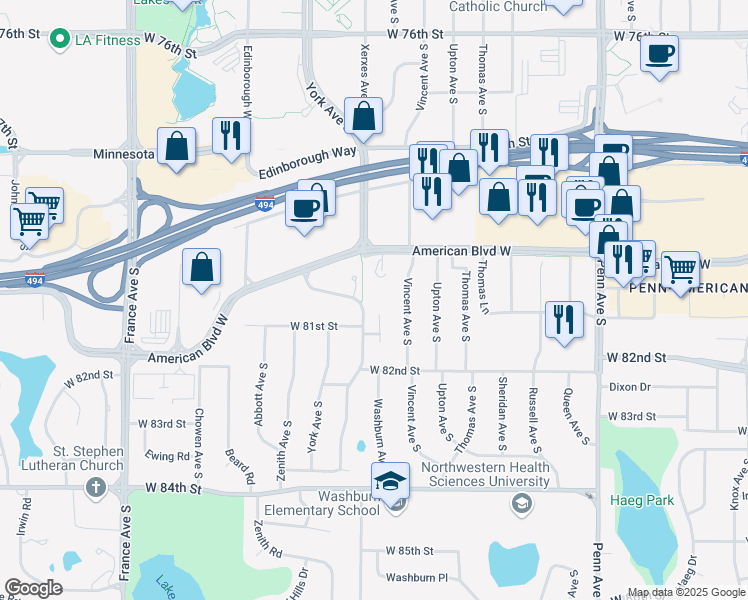 map of restaurants, bars, coffee shops, grocery stores, and more near 8045 Xerxes Avenue South in Minneapolis
