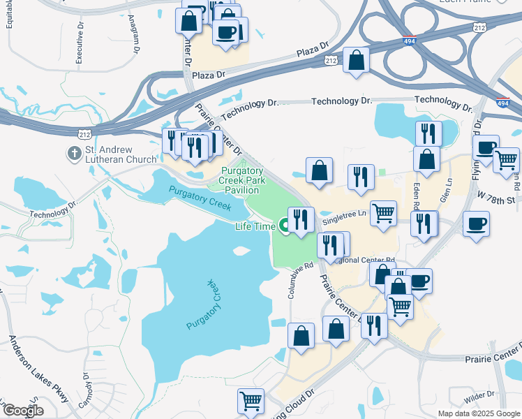 map of restaurants, bars, coffee shops, grocery stores, and more near 775 Prairie Center Drive in Eden Prairie
