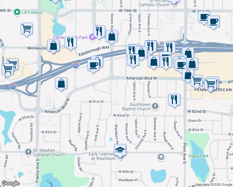 map of restaurants, bars, coffee shops, grocery stores, and more near 8045 Xerxes Avenue South in Minneapolis