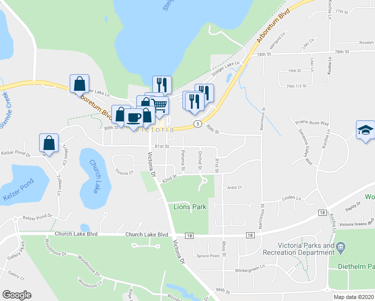 map of restaurants, bars, coffee shops, grocery stores, and more near 8101 Petunia Street in Victoria