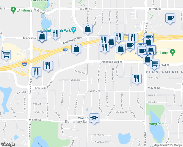 map of restaurants, bars, coffee shops, grocery stores, and more near 8045 Xerxes Avenue South in Minneapolis