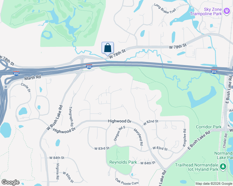 map of restaurants, bars, coffee shops, grocery stores, and more near 8041 Pennsylvania Road in Bloomington