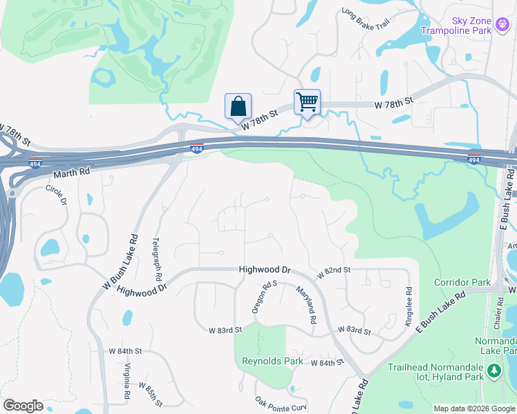 map of restaurants, bars, coffee shops, grocery stores, and more near 8041 Pennsylvania Road in Bloomington