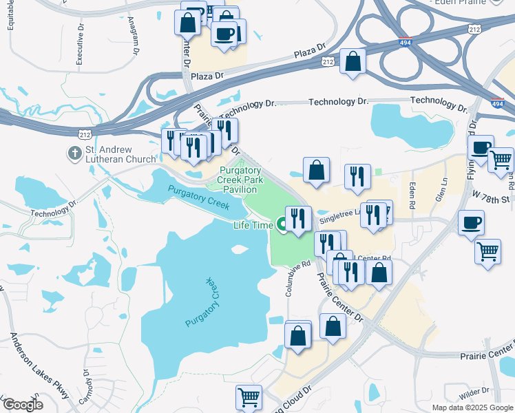 map of restaurants, bars, coffee shops, grocery stores, and more near 775 Prairie Center Drive in Eden Prairie