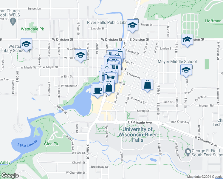 map of restaurants, bars, coffee shops, grocery stores, and more near 128b South Main Street in River Falls