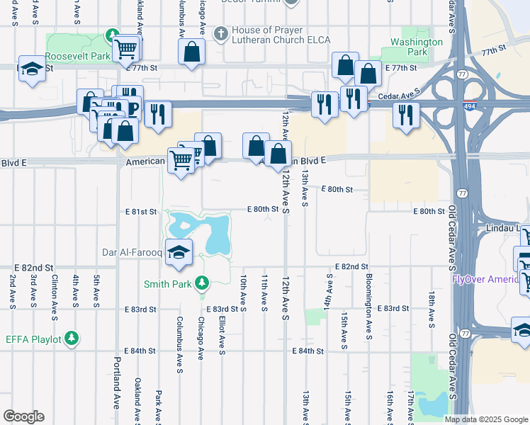 map of restaurants, bars, coffee shops, grocery stores, and more near 1101 East 80th Street in Minneapolis