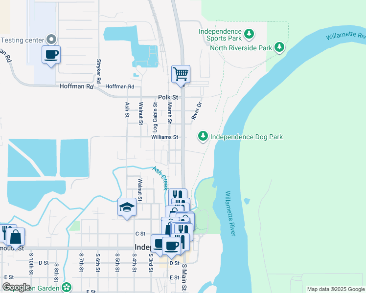 map of restaurants, bars, coffee shops, grocery stores, and more near 435 Main Street in Independence