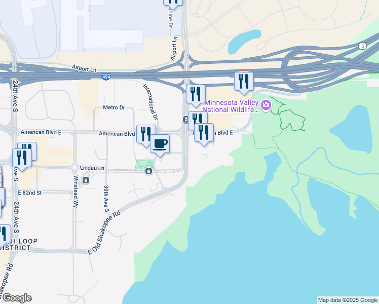 map of restaurants, bars, coffee shops, grocery stores, and more near 2 Appletree Square in Bloomington
