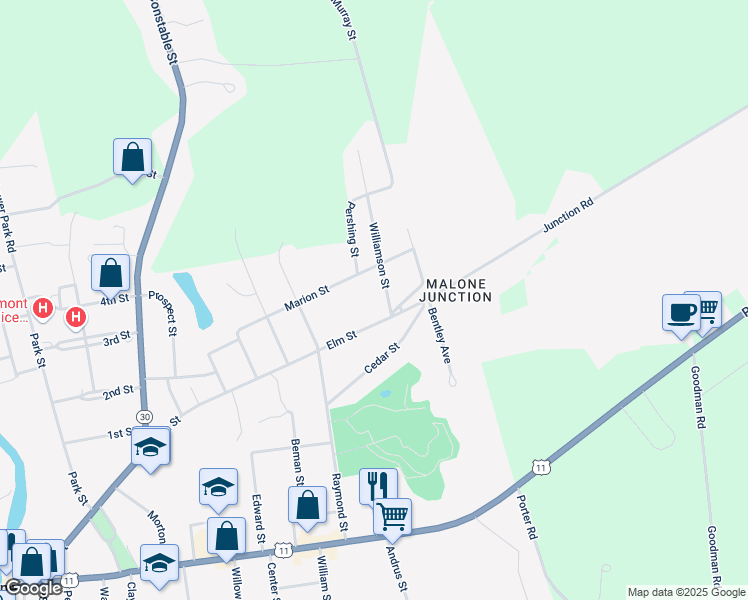 map of restaurants, bars, coffee shops, grocery stores, and more near 6 Williamson St in Malone