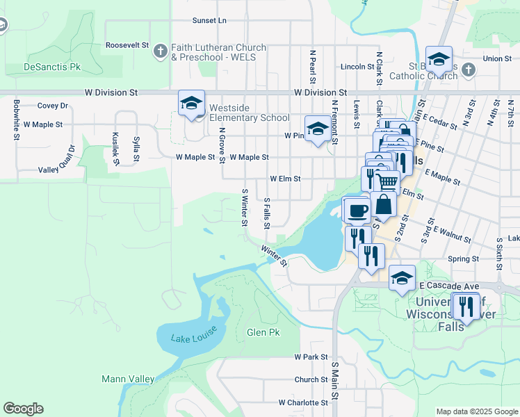 map of restaurants, bars, coffee shops, grocery stores, and more near 209 S Falls St in River Falls