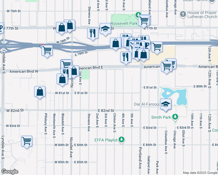 map of restaurants, bars, coffee shops, grocery stores, and more near 8029 3rd Avenue South in Minneapolis
