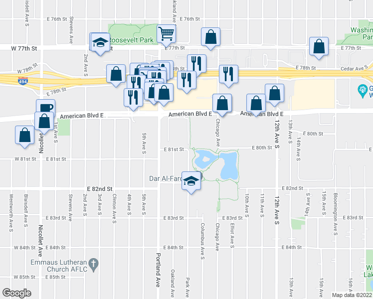 map of restaurants, bars, coffee shops, grocery stores, and more near 7165 Park Avenue South in Bloomington