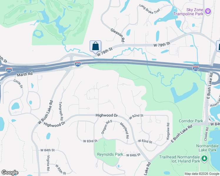 map of restaurants, bars, coffee shops, grocery stores, and more near 8032 Lea Road in Minneapolis