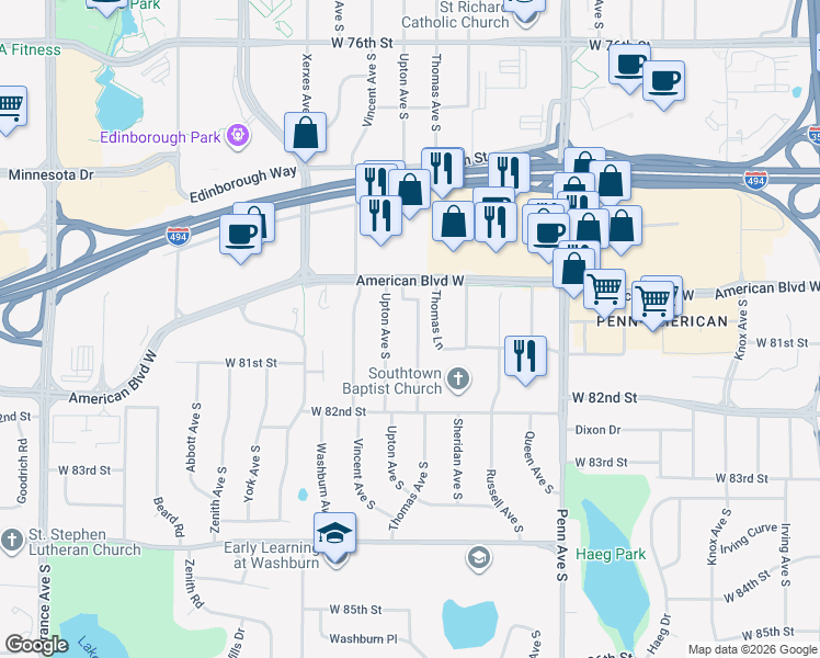 map of restaurants, bars, coffee shops, grocery stores, and more near 8030 Thomas Avenue South in Minneapolis