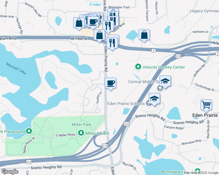 map of restaurants, bars, coffee shops, grocery stores, and more near 16309 Lincoln Lane in Eden Prairie