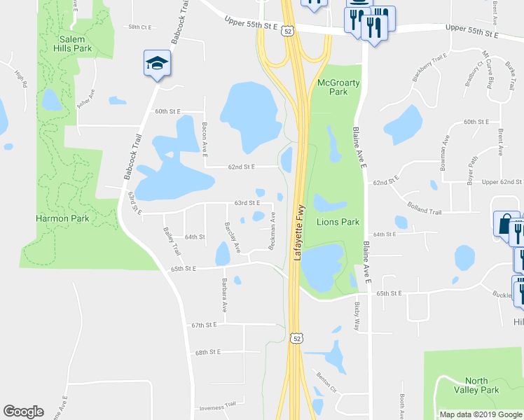 map of restaurants, bars, coffee shops, grocery stores, and more near 2170 63rd Street East in Inver Grove Heights