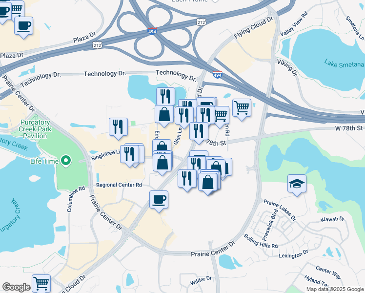map of restaurants, bars, coffee shops, grocery stores, and more near 8051-8099 Eden Glen Rd in Eden Prairie