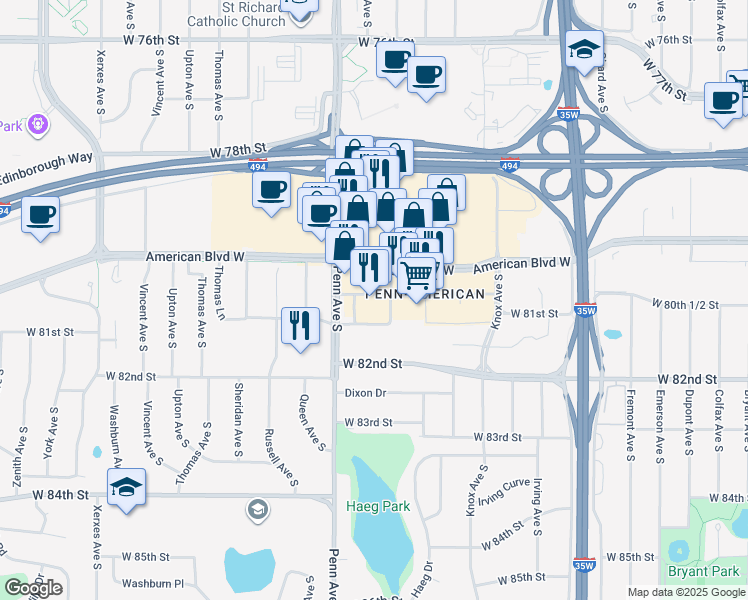 map of restaurants, bars, coffee shops, grocery stores, and more near 2105 1/2 Street West in Bloomington