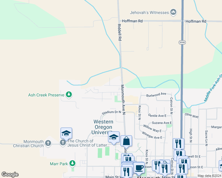 map of restaurants, bars, coffee shops, grocery stores, and more near 336 Whitesell Street in Monmouth
