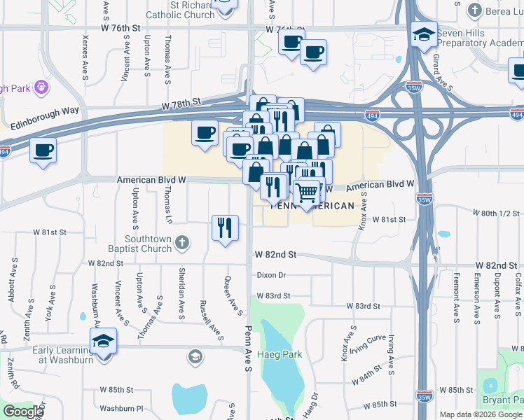 map of restaurants, bars, coffee shops, grocery stores, and more near 8055 Penn Avenue South in Bloomington