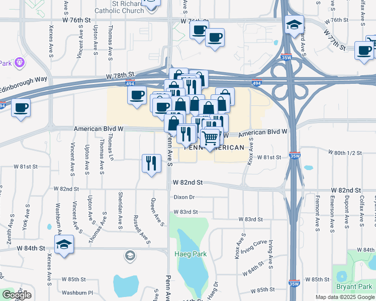 map of restaurants, bars, coffee shops, grocery stores, and more near 2105 1/2 Street West in Bloomington