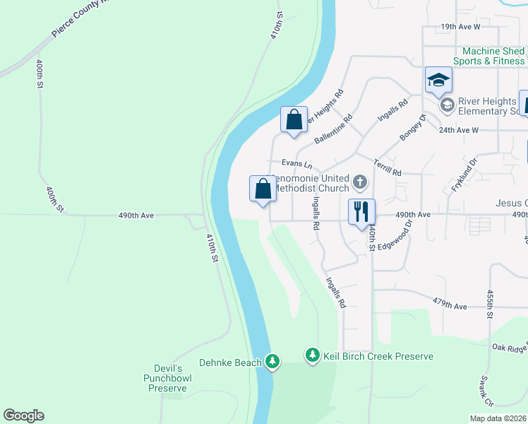 map of restaurants, bars, coffee shops, grocery stores, and more near 1245 River Heights Road in Menomonie
