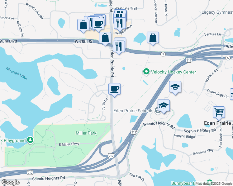 map of restaurants, bars, coffee shops, grocery stores, and more near 8075 Eden Prairie Road in Eden Prairie