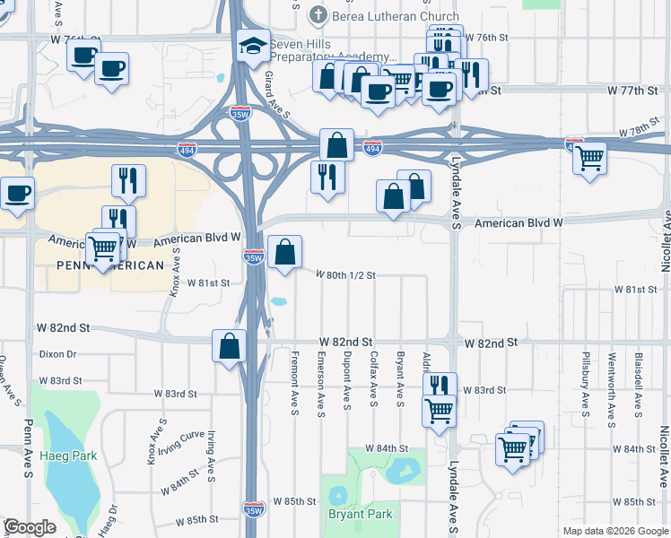map of restaurants, bars, coffee shops, grocery stores, and more near 1108 West 80th 1/2 Street in Minneapolis