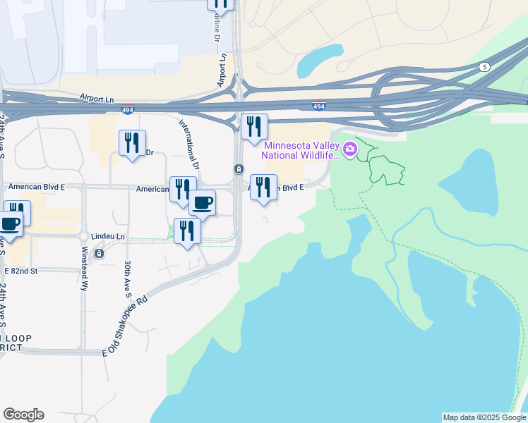 map of restaurants, bars, coffee shops, grocery stores, and more near 8009 34th Avenue South in Bloomington