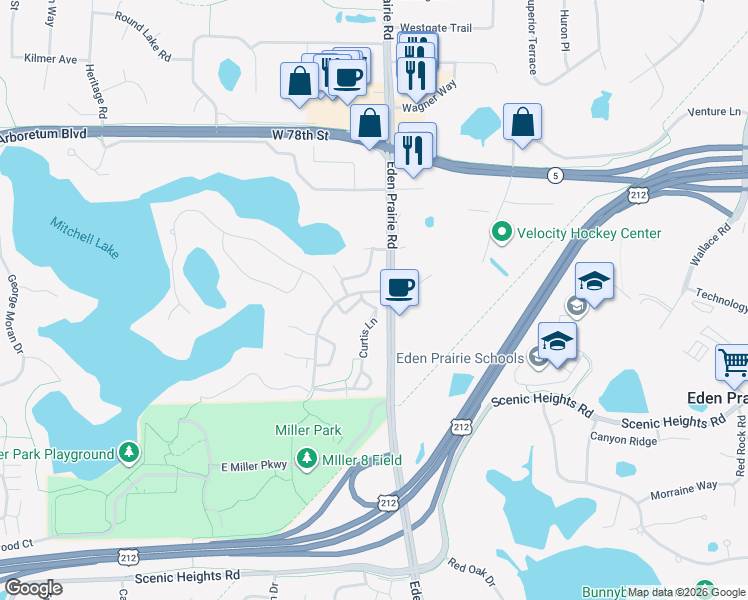 map of restaurants, bars, coffee shops, grocery stores, and more near 8043 Curtis Lane in Eden Prairie