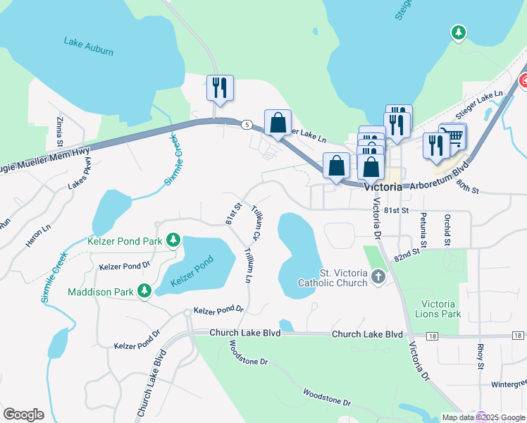 map of restaurants, bars, coffee shops, grocery stores, and more near 8105 Trillium Circle in Victoria